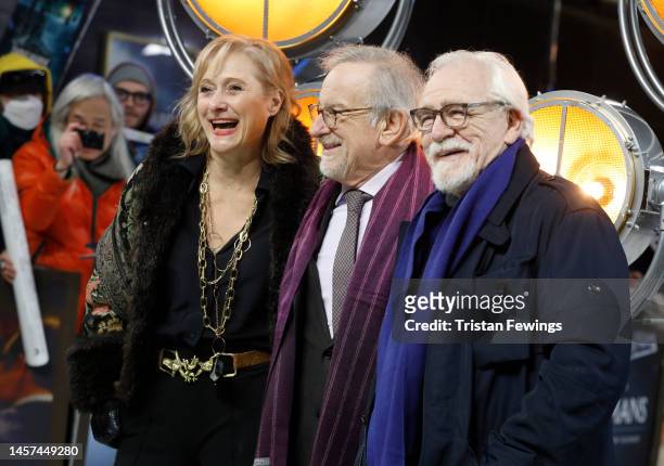 Caroline Goodall, Steven Spielberg and Brian Cox attend "The Fabelmans" UK Premiere at The Curzon Mayfair on January 18, 2023 in London, England.