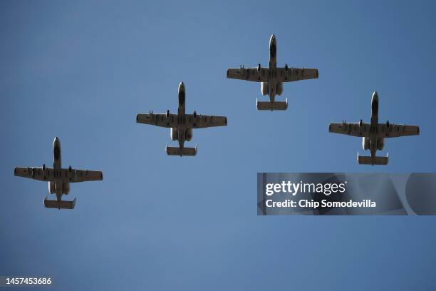 Attack aircraft from the Air National Guard 104th Fighter Squadron perform a flyover during Maryland Governor Wes Moore's inauguration ceremony on...