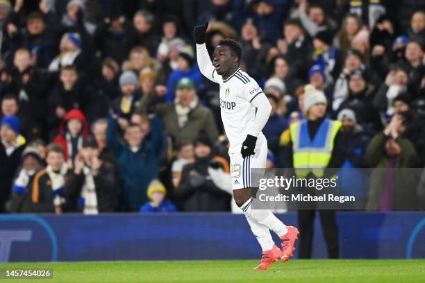 Wilfried Gnonto of Leeds United celebrates after scoring the team's first goal during the Emirates FA Cup Third Round Replay match between Leeds...