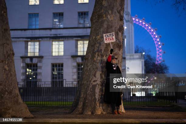 Supporter of the nurses strike is seen in Whitehall on January 18, 2023 in London, United Kingdom. Members of the Royal College of Nursing Union are...