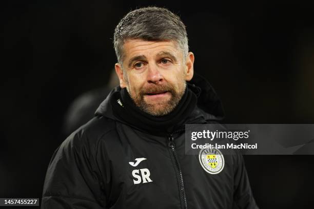 Stephen Robinson, Manager of St Mirren, looks on prior to the Cinch Scottish Premiership match between Celtic FC and St. Mirren FC at Celtic Park on...