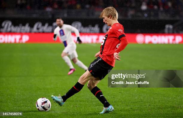 Birger Meling of Rennes during the Ligue 1 match between Stade Rennais and Paris Saint-Germain at Roazhon Park stadium on January 15, 2023 in Rennes,...