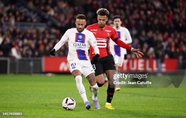 Neymar Jr of PSG, Desire Doue of Rennes during the Ligue 1 match between Stade Rennais and Paris Saint-Germain at Roazhon Park stadium on January 15,...