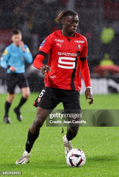 Lesley Ugochukwu of Rennes during the Ligue 1 match between Stade Rennais and Paris Saint-Germain at Roazhon Park stadium on January 15, 2023 in...