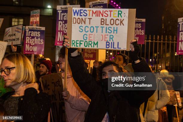 Hundreds of LGBT activists and their allies protest against the blocking of gender reform laws in Scotland at Downing Street on January 18, 2023 in...