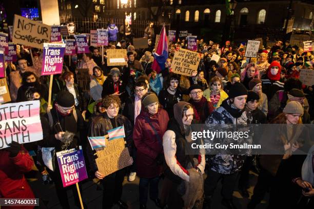 Hundreds of LGBT activists and their allies protest against the blocking of gender reform laws in Scotland at Downing Street on January 18, 2023 in...