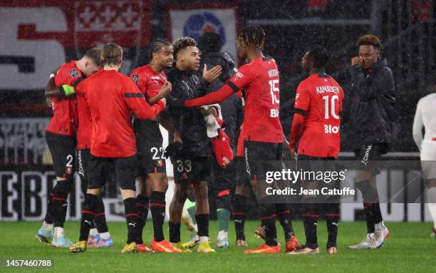 Lorenz Assignon, Desire Doue of Rennes and teammates celebrate the victory following the Ligue 1 match between Stade Rennais and Paris Saint-Germain...