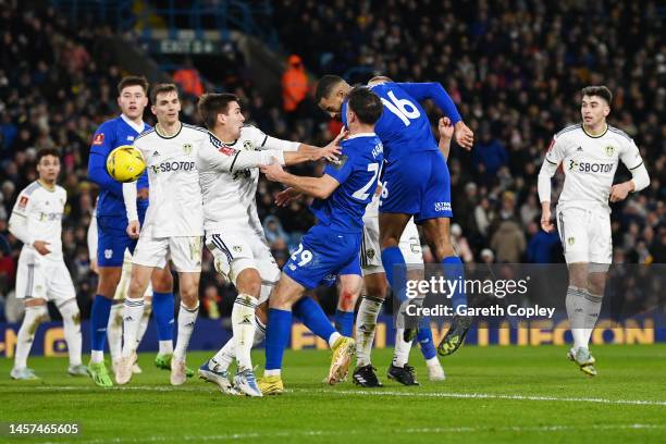 Curtis Nelson of Cardiff City scores a goal, which is later disallowed for offside following a VAR Review, during the Emirates FA Cup Third Round...