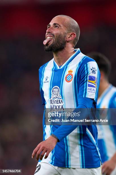 Aleix Vidal of RCD Espanyol reacts during the Copa del Rey round of 16 match between Athletic Club and RCD Espanyol at San Mames Stadium on January...