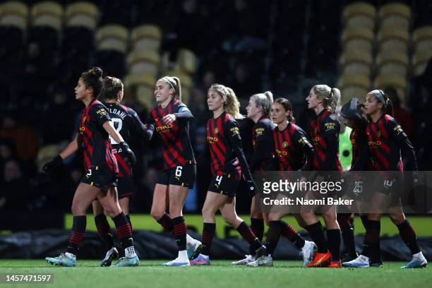 Filippa Angeldal of Manchester City celebrates with teammates after scoring the team's first goal during the FA Women's Continental Tyres League Cup...