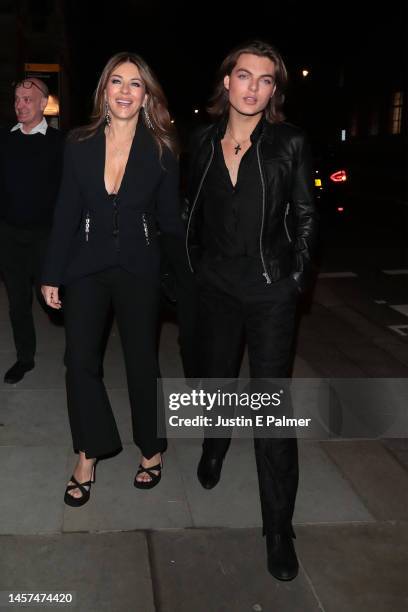 Elizabeth Hurley and Damian Hurley arrive at Cirque du Soleil: "KURIOS Cabinet of Curiosities" at the Royal Albert Hall on January 18, 2023 in...