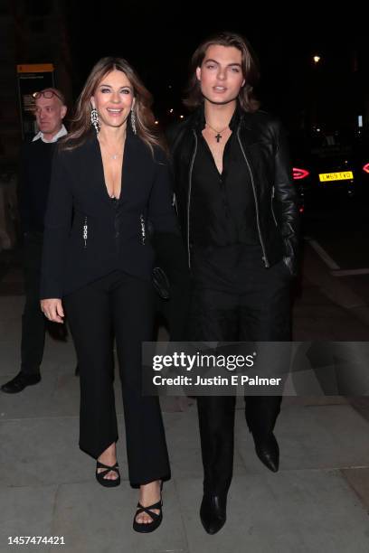 Elizabeth Hurley and Damian Hurley arrive at Cirque du Soleil: "KURIOS Cabinet of Curiosities" at the Royal Albert Hall on January 18, 2023 in...