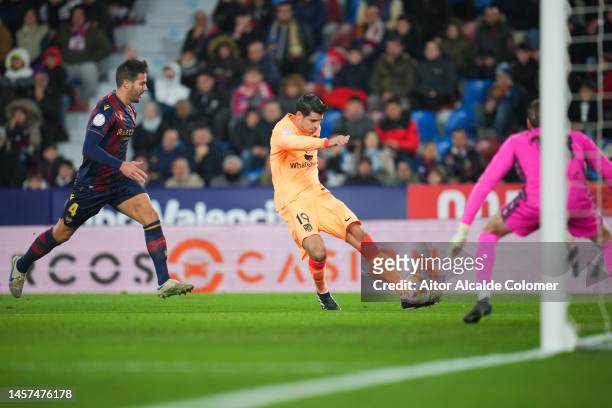 Alvaro Morata of Atletico de Madrid scores his side's first goal for 0-1 during the Copa del Rey Round of 16 match between Levante UD and Atletico de...