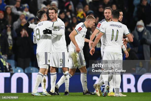 Patrick Bamford of Leeds United celebrates after scoring the team's fifth goal with teammates during the Emirates FA Cup Third Round Replay match...
