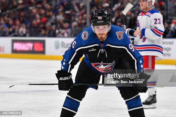 Jack Roslovic of the Columbus Blue Jackets lines up prior to a face-off during the second period of a game against the New York Rangers at Nationwide...