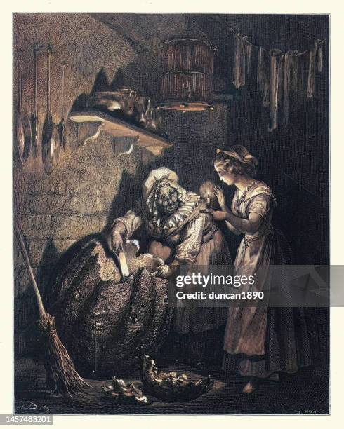 aschenputtels gute fee schnitzt den kürbis in eine kutsche, märchen von charles perrault - aschenputtel stock-grafiken, -clipart, -cartoons und -symbole