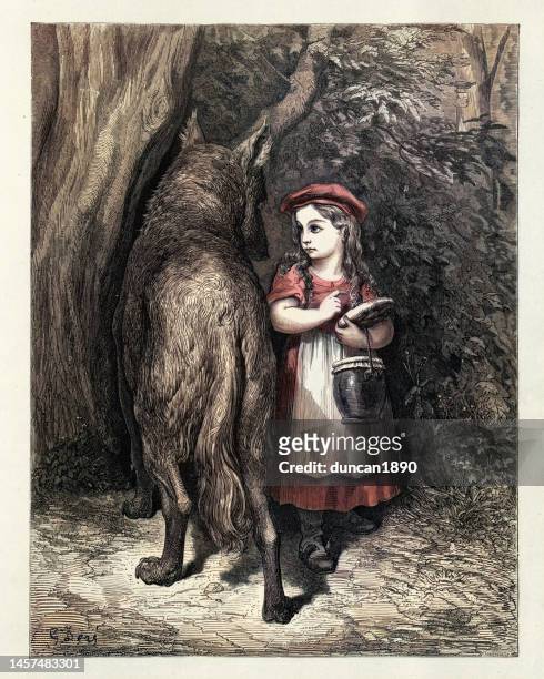 ilustrações, clipart, desenhos animados e ícones de chapeuzinho vermelho encontra o lobo na madeira, contos de fadas de charles perrault - chapeuzinho vermelho criatura mítica