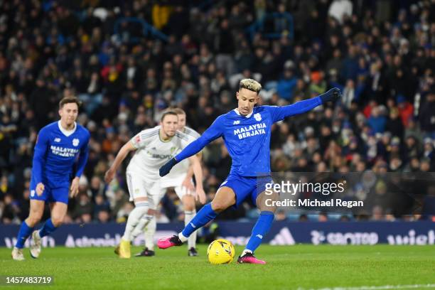 Callum Robinson of Cardiff City scores the team's second goal from a penalty during the Emirates FA Cup Third Round Replay match between Leeds United...