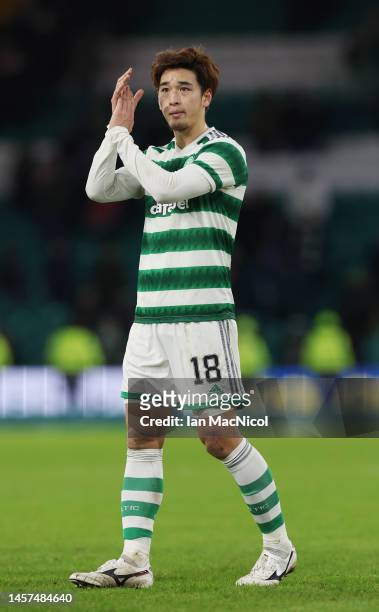 Yuki Kobayashi of Celtic applauds the fans after the Cinch Scottish Premiership match between Celtic FC and St. Mirren FC at Celtic Park on January...