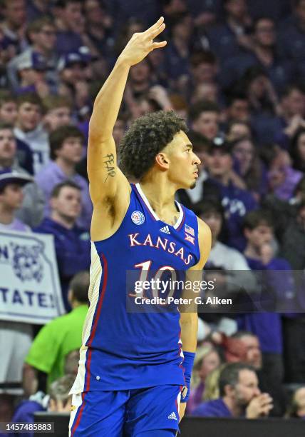 Jalen Wilson of the Kansas Jayhawks reacts after hitting a three point shot in overtime against the Kansas State Wildcats at Bramlage Coliseum on...