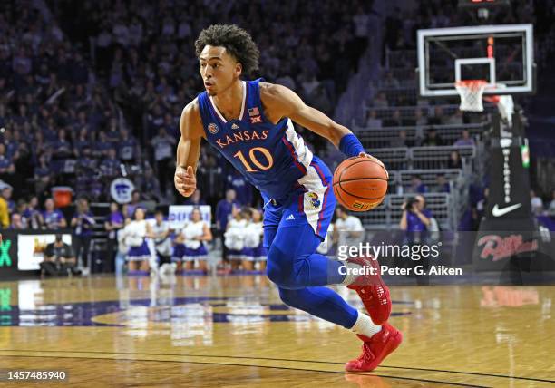 Jalen Wilson of the Kansas Jayhawks dribbles the ball up court in the first half against the Kansas State Wildcats at Bramlage Coliseum on January...