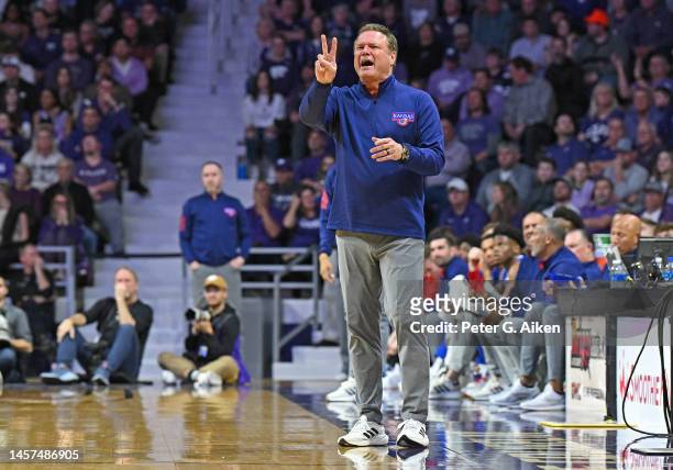 Head coach Bill Self of the Kansas Jayhawks instructs his players on the court in the second half against the Kansas State Wildcats at Bramlage...