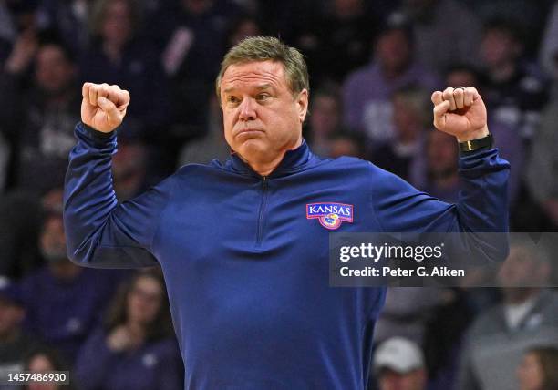 Head coach Bill Self of the Kansas Jayhawks instructs his players on the court in the second half against the Kansas State Wildcats at Bramlage...