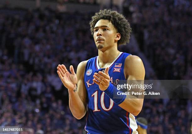 Jalen Wilson of the Kansas Jayhawks reacts after a play in the second half against the Kansas State Wildcats at Bramlage Coliseum on January 17, 2023...