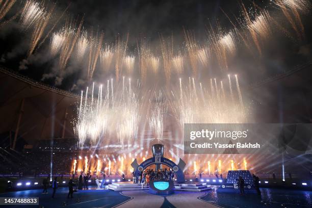 General view as Samir Handanovic of FC Internazionale lifts the EA Sports Supercup as players of FC Internazionale celebrate after the EA Sports...