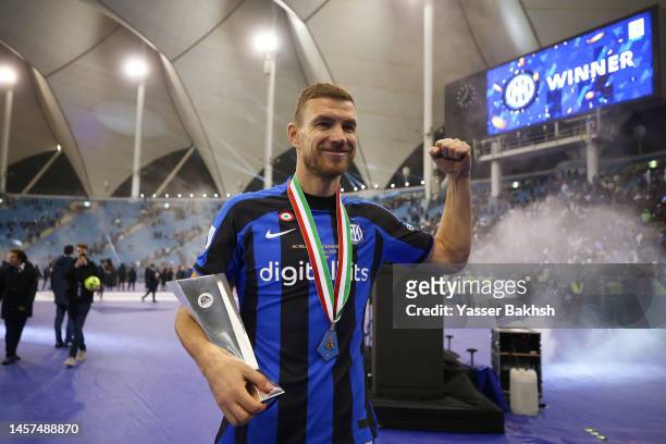 Edin Dzeko of FC Internazionale celebrates after the team's victory during the EA Sports Supercup match between AC Milan and FC Internazionale at...