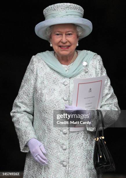 Queen Elizabeth II leaves a Service Of Thanksgiving at St Paul's Cathedral on June 5, 2012 in London, England. For only the second time in its...