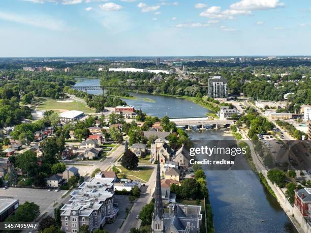 aerial townscape cambridge ontario, canada - ontario canada stock pictures, royalty-free photos & images