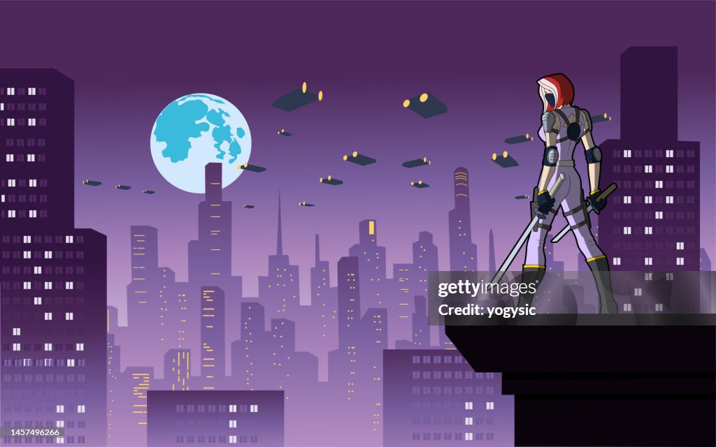 Vector Anime Style Female Assassin in a Cyberpunk City Stock Illustration