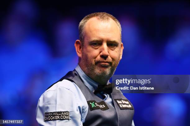 Mark Williams of Wales reacts during his round two match against Ding Junhui of China in the 2023 World Grand Prix at Centaur Arena on January 18,...