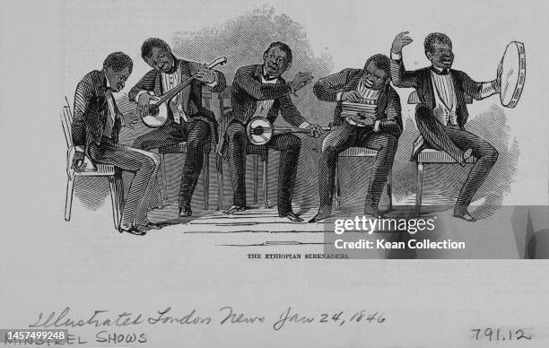 Engraving from The Illustrated London News showing the Ethiopian Serenaders, an American minstrel group of five blackface musicians, sitting playing...