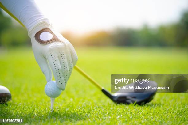 golfer's hand putting a golf ball on tee in golf course. - gants de sport photos et images de collection