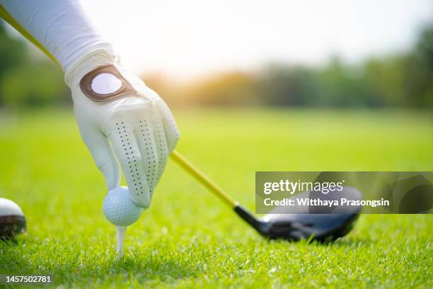 golfer's hand putting a golf ball on tee in golf course. - golf tournament stock pictures, royalty-free photos & images