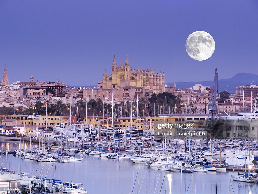 Moon over Palma Cathedral, Mallorca, Spain