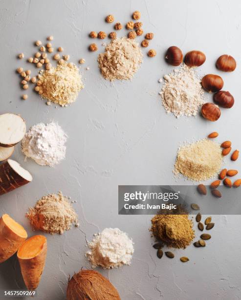 different gluten free and vegan flours - cyperaceae stock pictures, royalty-free photos & images