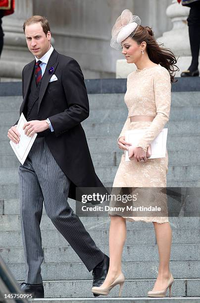 Prince William, Duke of Cambridge and Catherine, Duchess of Cambridge depart the Service of Thanksgiving at St Paul's Cathedral, as part of the...