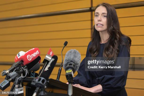 Prime Minister Jacinda Ardern announces her resignation at the War Memorial Centre on January 19, 2023 in Napier, New Zealand.