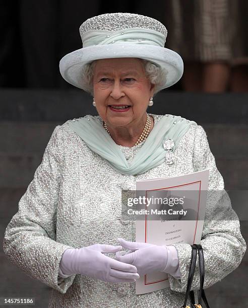 Queen Elizabeth II smiles as she leaves a Service Of Thanksgiving at St Paul's Cathedral on June 5, 2012 in London, England. For only the second time...