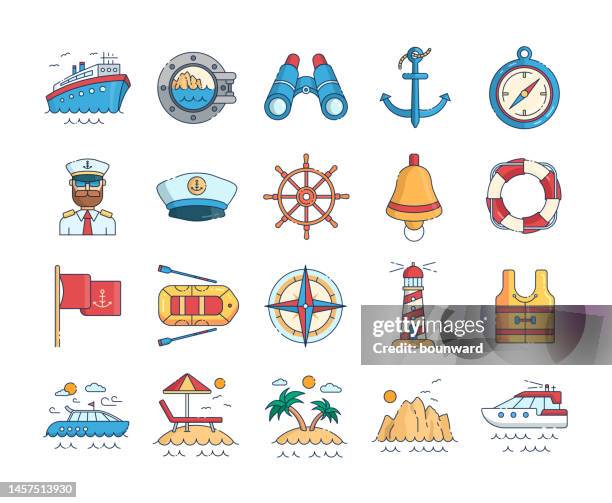 nautische farbliniensymbole. bearbeitbarer strich. - schlauchboot stock-grafiken, -clipart, -cartoons und -symbole