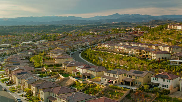 Aerial shot of Santa Clarita, California on a beautiful autumn evening. Santa Clarita is a suburb in Los Angeles County north of the city of Los Angeles.