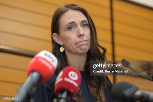 New Zealand Prime Minister Jacinda Ardern announces her resignation at the War Memorial Centre on January 19, 2023 in Napier, New Zealand.