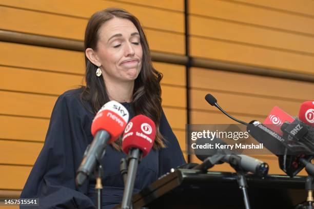 Prime Minister Jacinda Ardern announces her resignation at the War Memorial Centre on January 19, 2023 in Napier, New Zealand.