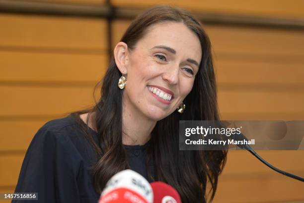 Prime Minister Jacinda Ardern announces her resignation at the War Memorial Centre on January 19, 2023 in Napier, New Zealand.