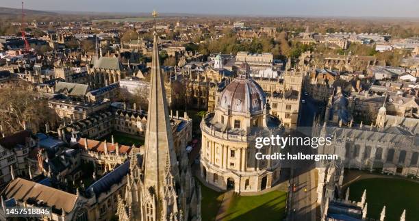 high angle aerial shot of st mary's church and radcliffe camera in oxford - oxford university bodleian library stock pictures, royalty-free photos & images