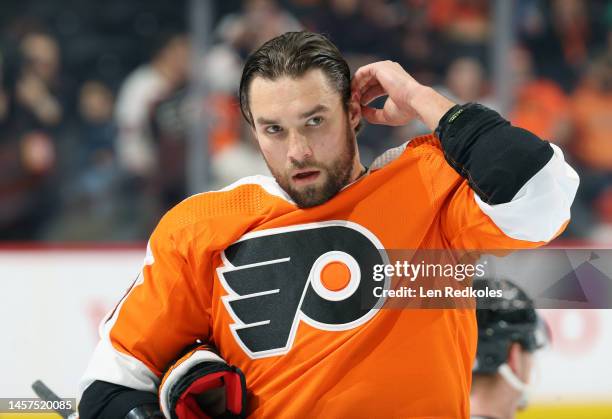 Ivan Provorov of the Philadelphia Flyers looks on during warm-ups prior to his game against the Washington Capitals at the Wells Fargo Center on...