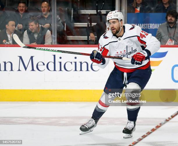 Tom Wilson of the Washington Capitals skates during the first period against the Philadelphia Flyers at the Wells Fargo Center on January 11, 2023 in...